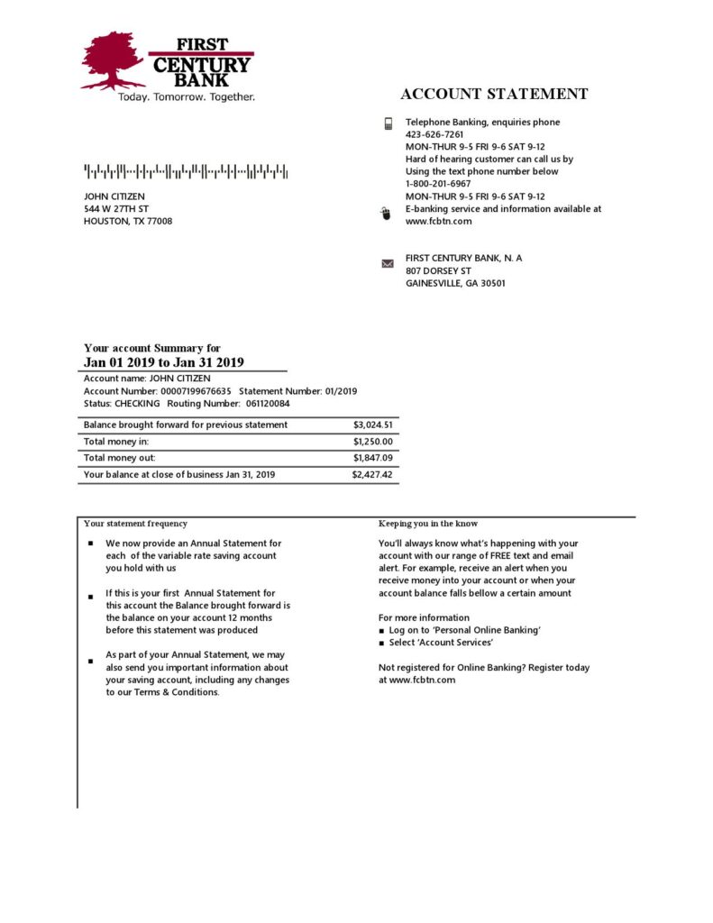USA Georgia Gainesville First Century bank proof of address statement template in Word and PDF format