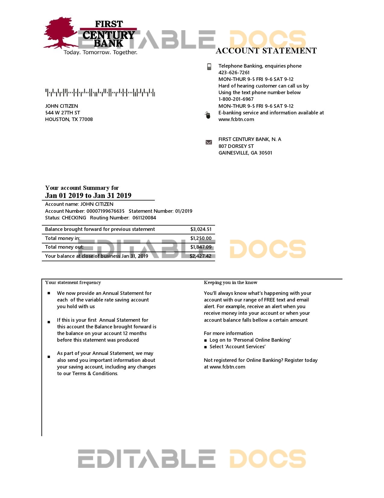 USA Georgia Gainesville First Century bank proof of address statement template in Word and PDF format
