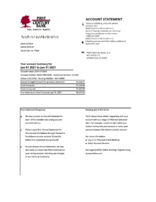USA Georgia Gainesville First century bank statement template in .xls and .pdf file format