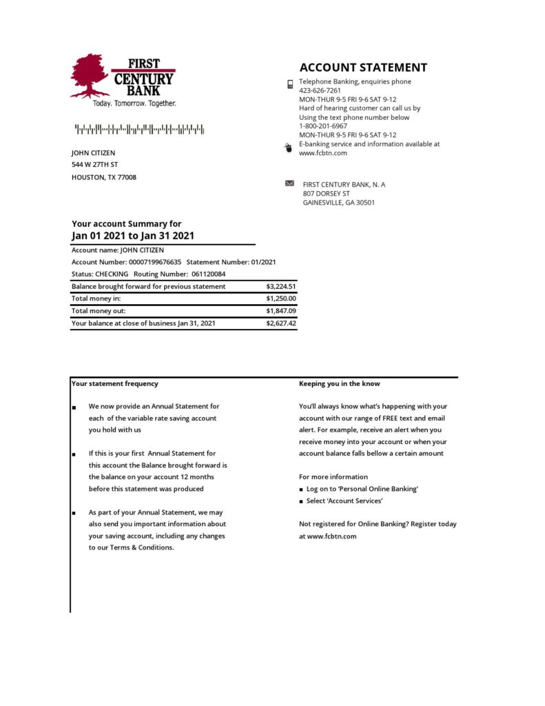 USA Georgia Gainesville First century bank statement template in .xls and .pdf file format