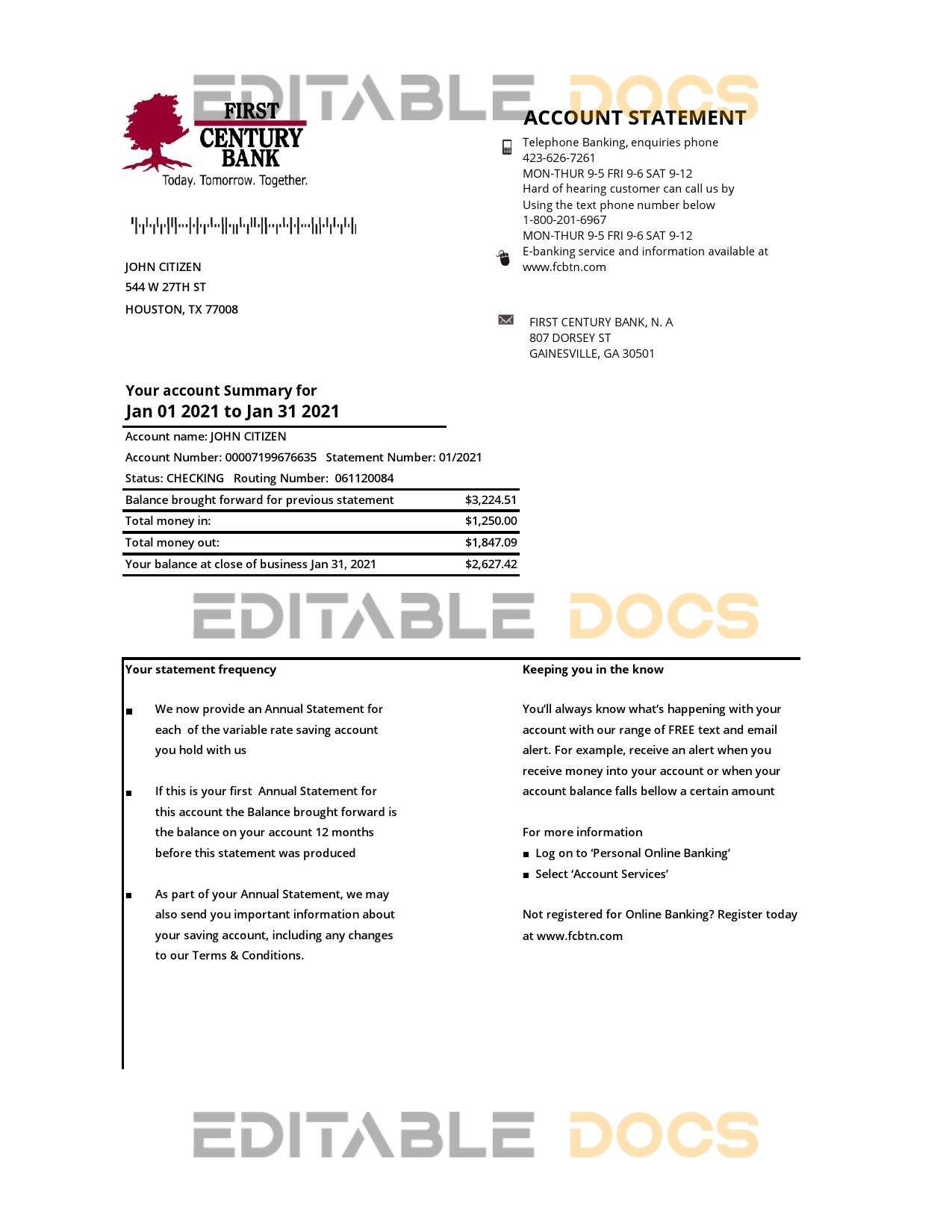 USA Georgia Gainesville First century bank statement template in .xls and .pdf file format