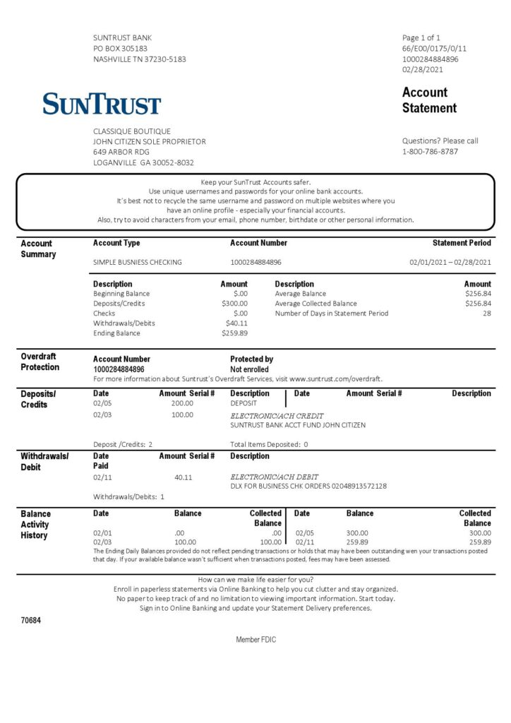 USA Georgia SunTrust bank statement template in Word and PDF format (For Sole Proprietor)