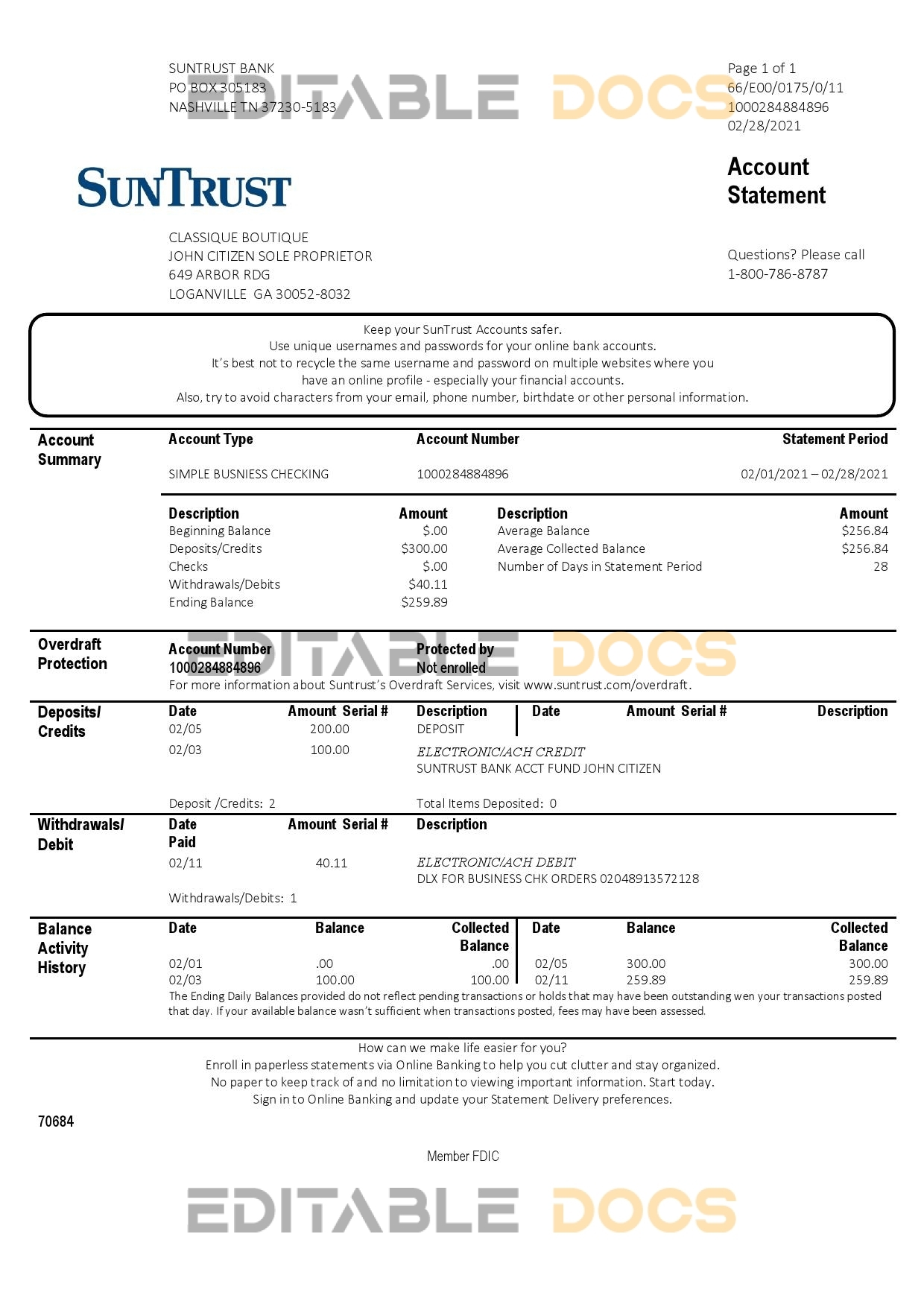 USA Georgia SunTrust bank statement template in Word and PDF format (For Sole Proprietor)