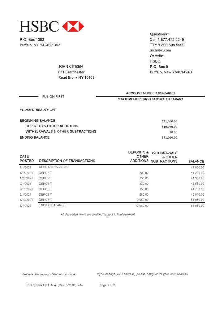 USA HSBC bank statement template in Excel and PDF format, 2 pages, version 2