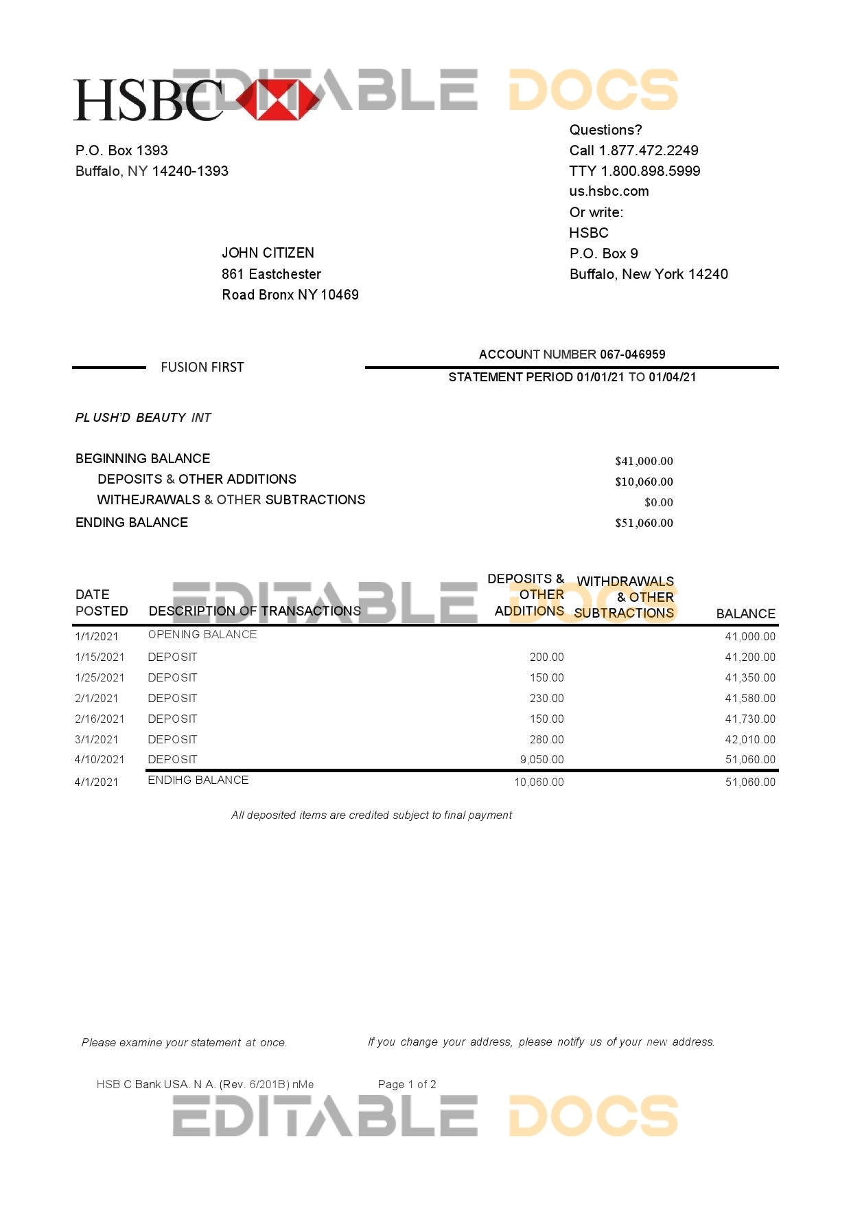 USA HSBC bank statement template in Excel and PDF format, 2 pages, version 2