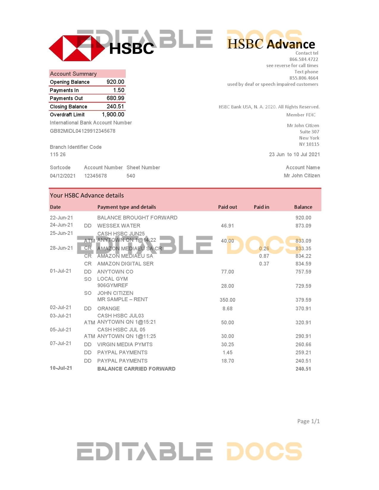 USA HSBC bank statement template in Excel and PDF format