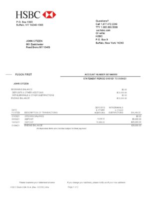 USA HSBC bank statement template in Word and PDF format, 2 pages, version 2