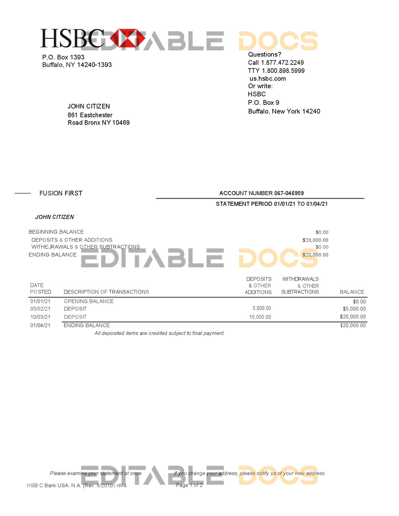 USA HSBC bank statement template in Word and PDF format, 2 pages, version 2
