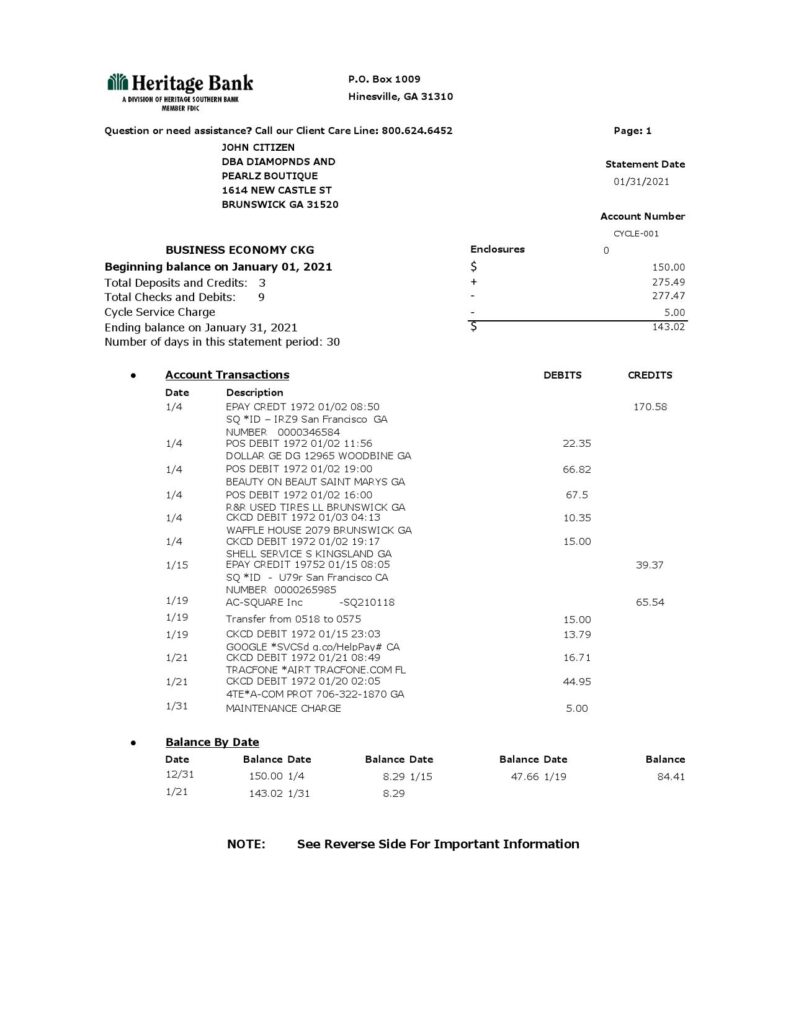 USA Heritage bank statement template in Excel and PDF format (3 pages)