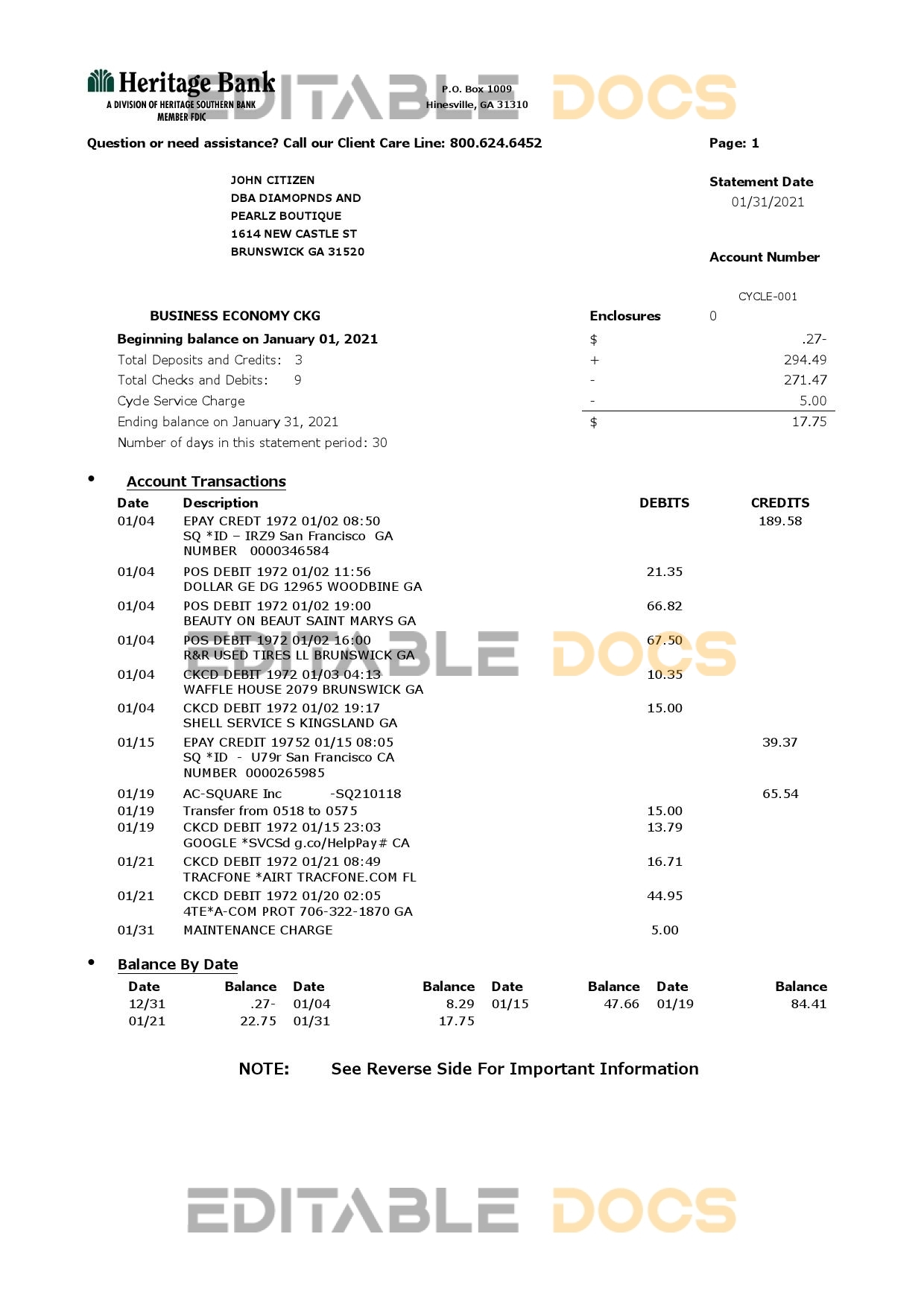 USA Heritage bank statement template in Word and PDF format (3 pages)