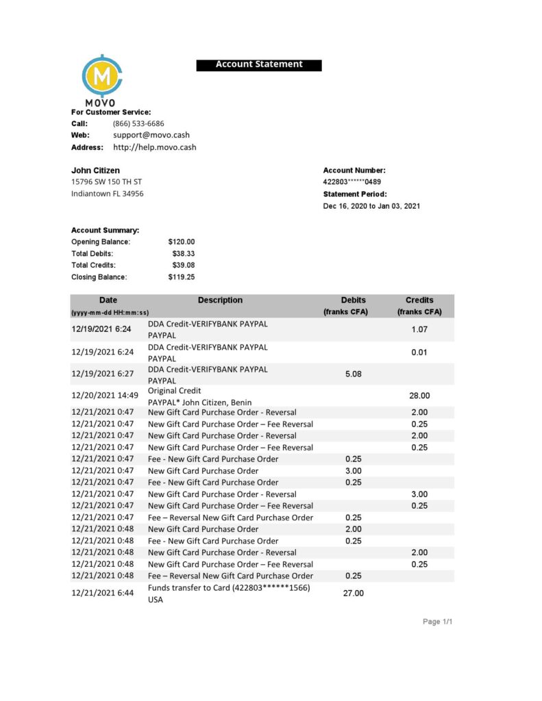 USA MOVO bank statement template in Excel and PDF format