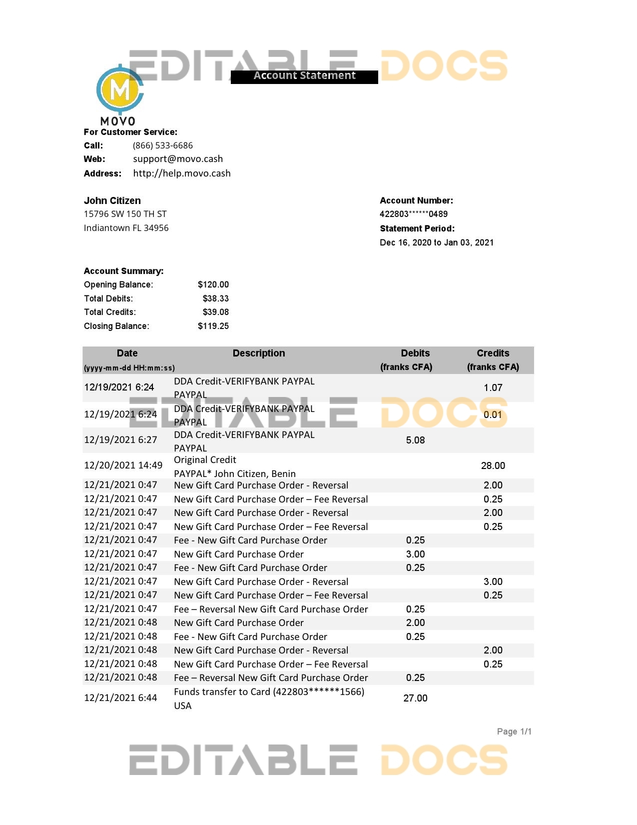 USA MOVO bank statement template in Excel and PDF format