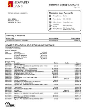 USA Editable Templates 14 USA Maryland Howard Business bank statement template, Word and PDF format (.doc and .pdf) (4 pages)