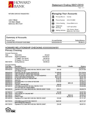 USA Maryland Howard Business bank statement template, Word and PDF format (.doc and .pdf) (4 pages)