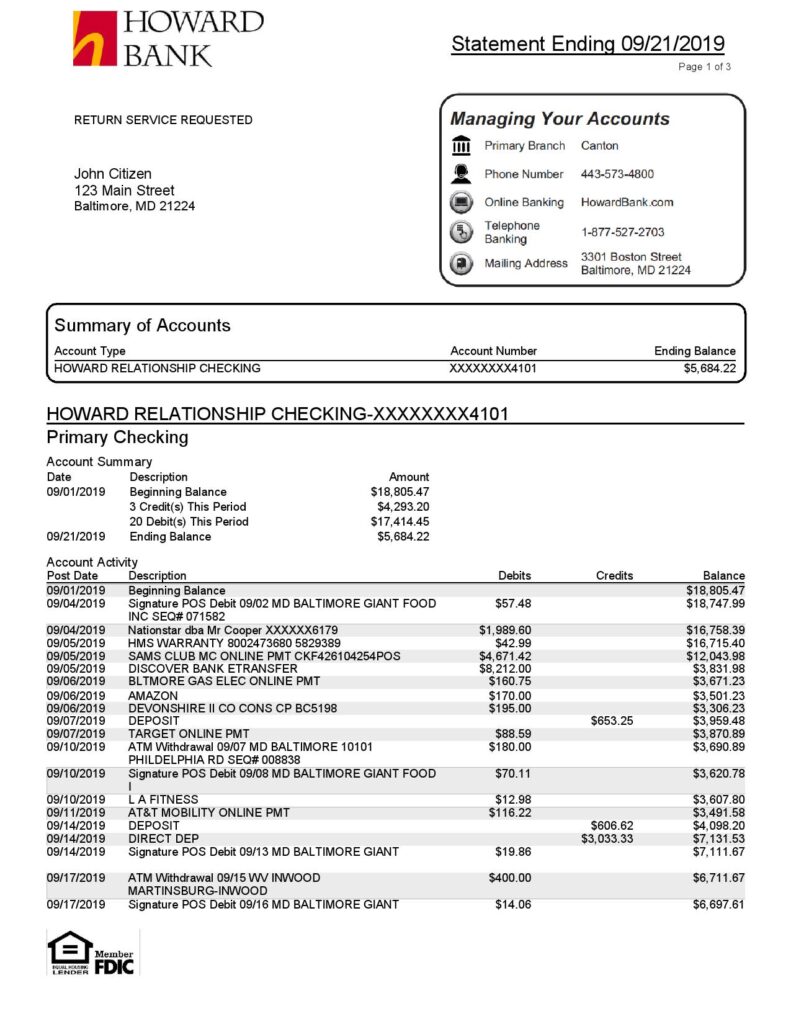 USA Maryland Howard Business bank statement template, Word and PDF format (.doc and .pdf) (4 pages)