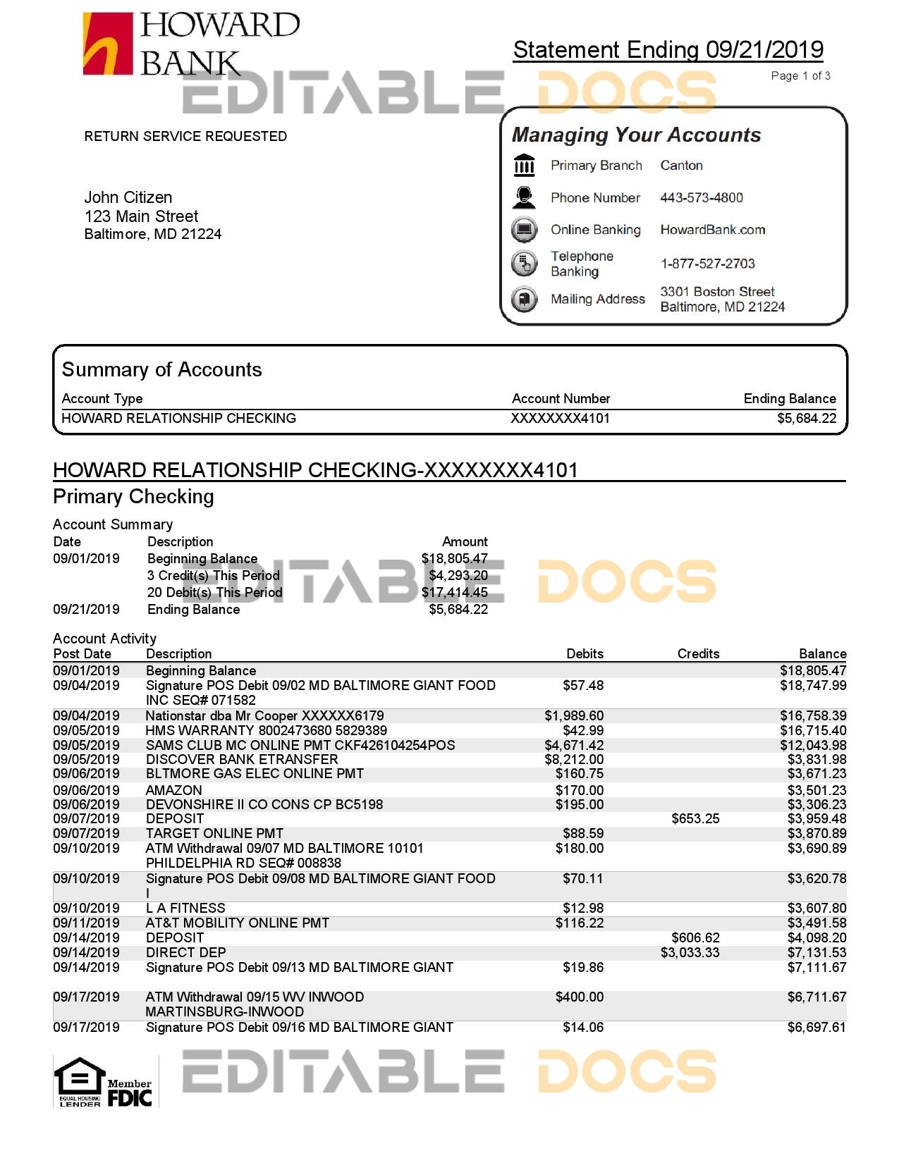USA Maryland Howard Business bank statement template, Word and PDF format (.doc and .pdf) (4 pages)