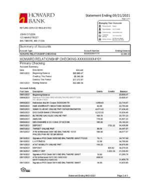 USA Editable Templates 15 USA Maryland Howard Personal bank statement template, Excel and PDF format (.xls and .pdf) (4 pages)