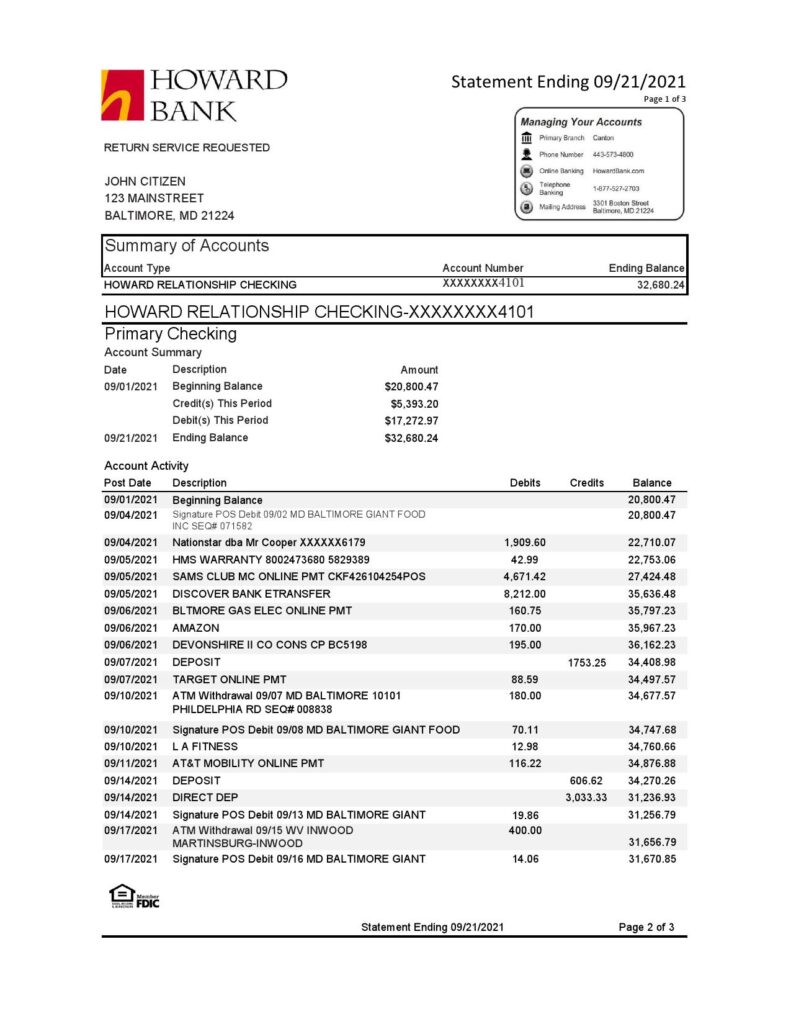 USA Maryland Howard Personal bank statement template, Excel and PDF format (.xls and .pdf) (4 pages)