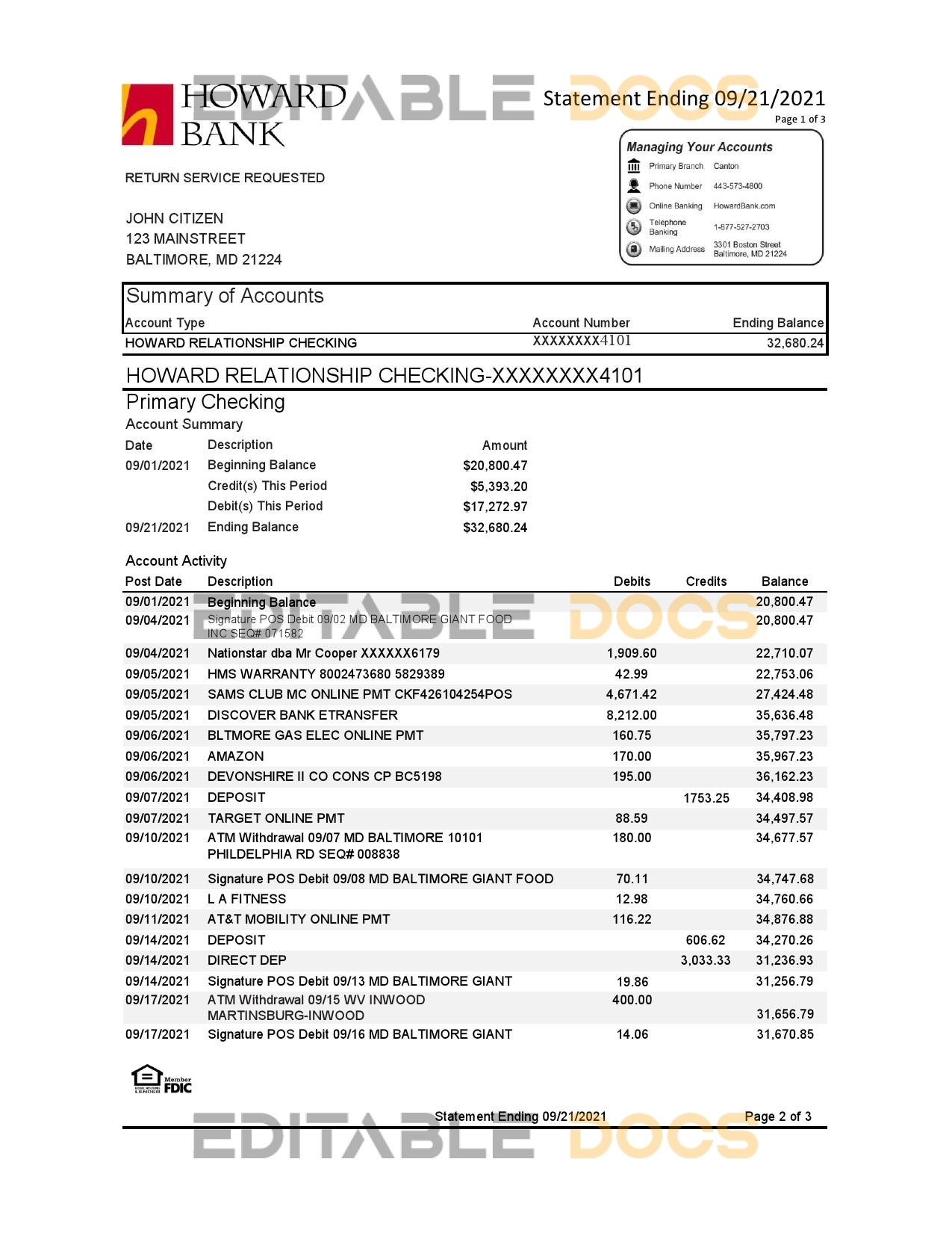 USA Maryland Howard Personal bank statement template, Excel and PDF format (.xls and .pdf) (4 pages)