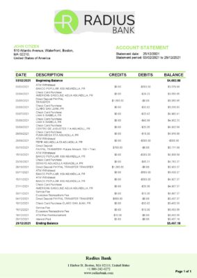 USA Massachusetts Radius Bank statement template in Word and PDF format