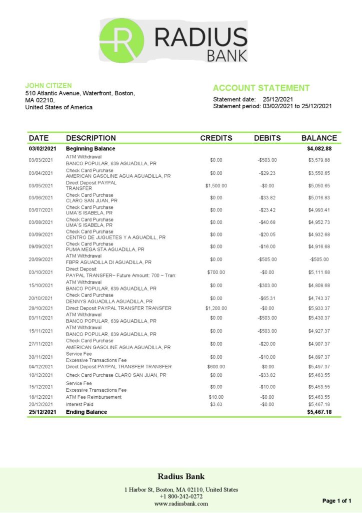 USA Massachusetts Radius Bank statement template in Word and PDF format