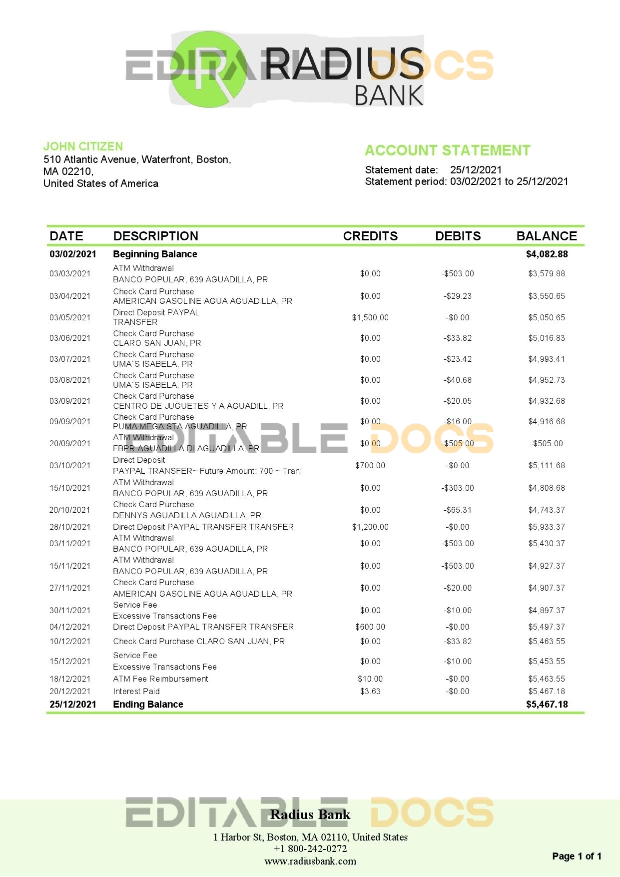 USA Massachusetts Radius Bank statement template in Word and PDF format
