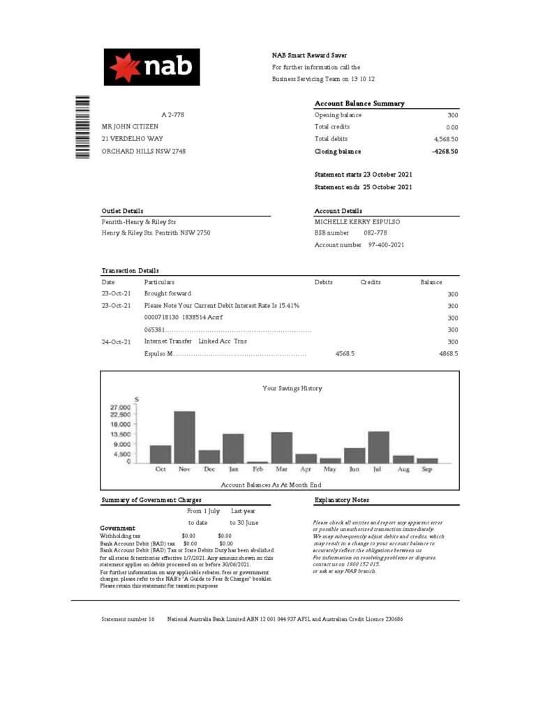 USA NAB Bank statement template in .xls and .pdf file format