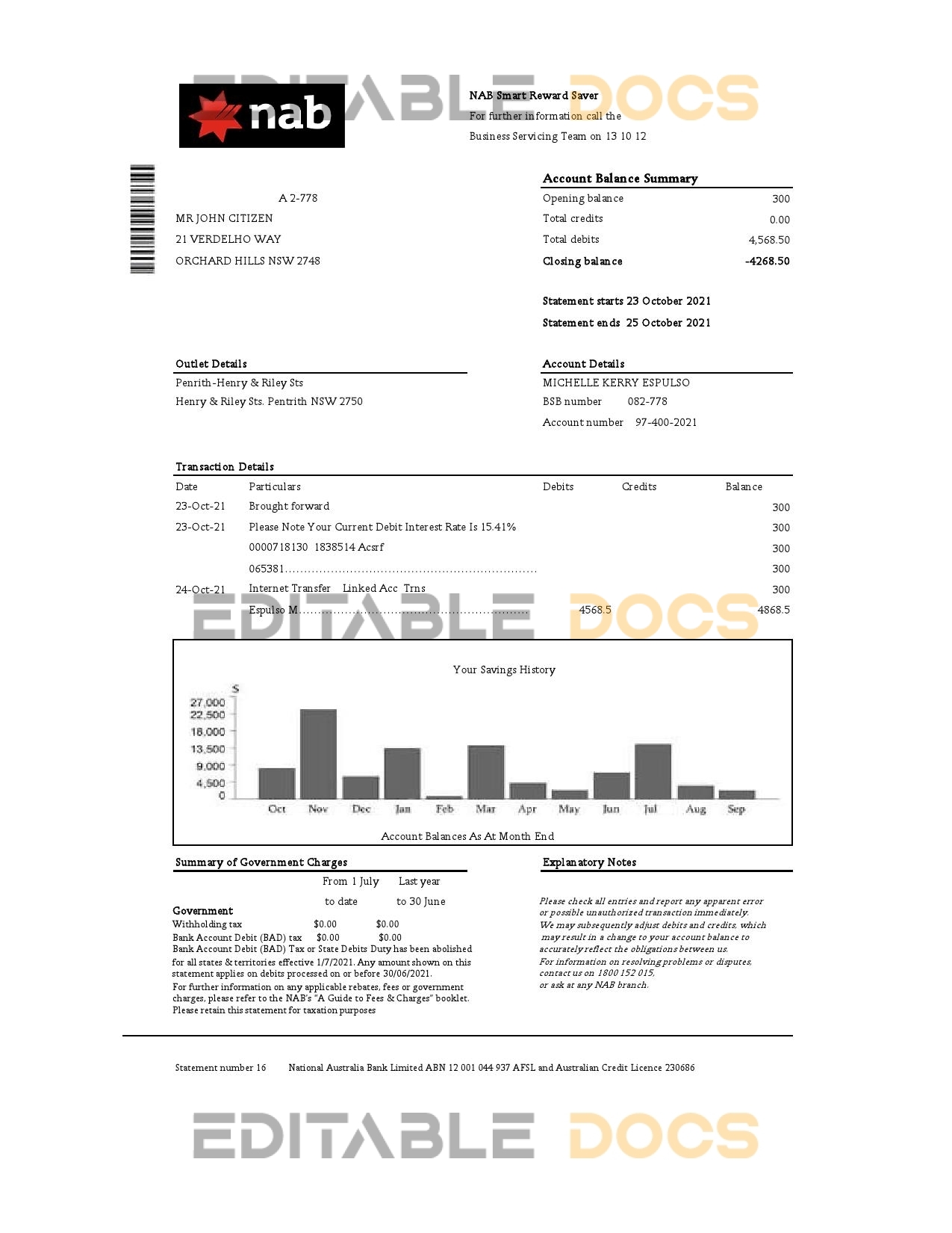 USA NAB Bank statement template in .xls and .pdf file format