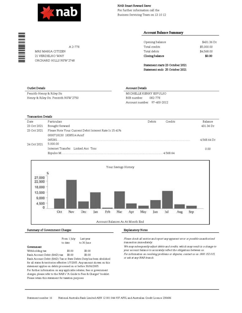 USA NAB bank statement template in Word and PDF format