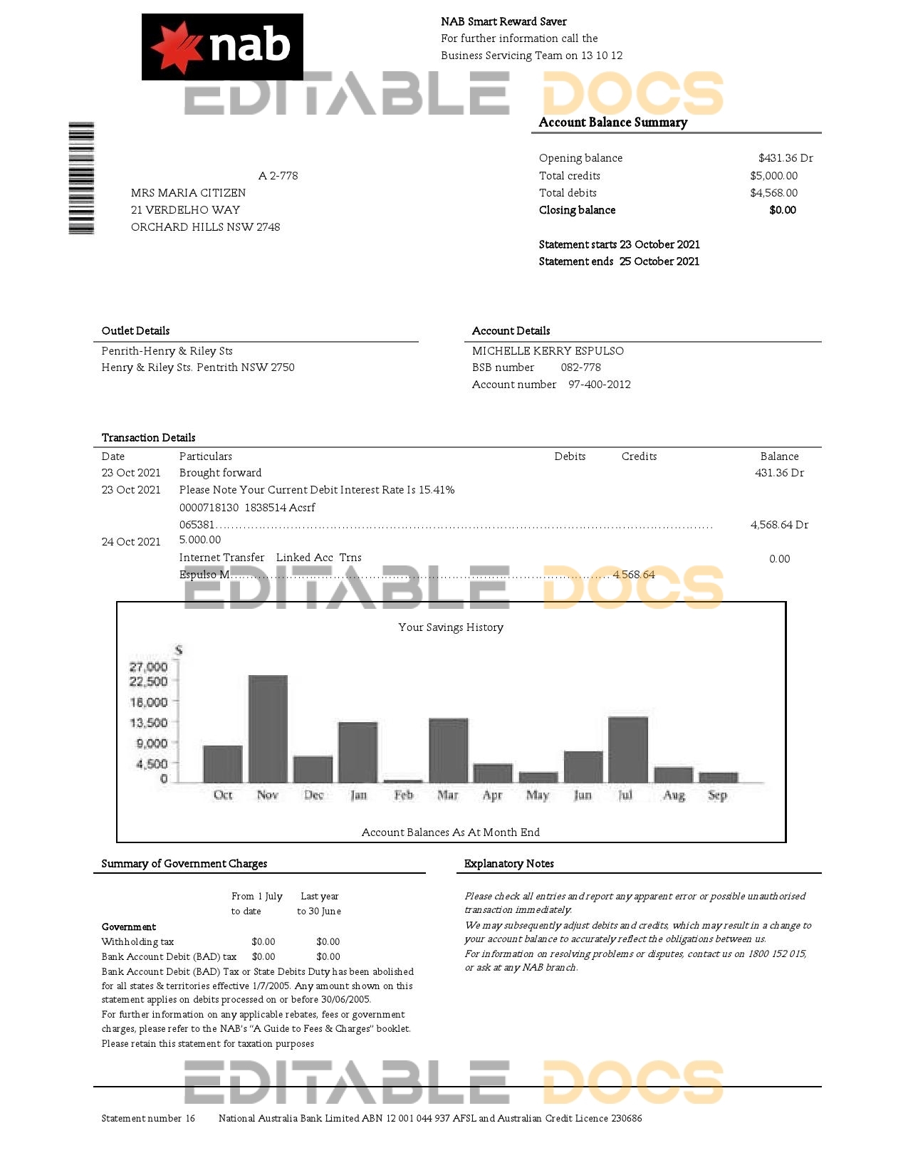 USA NAB bank statement template in Word and PDF format