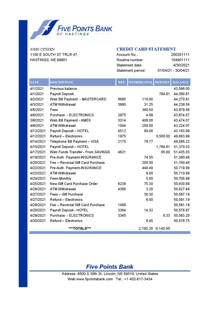 USA Nebraska Five Points Bank statement template in Excel and PDF format