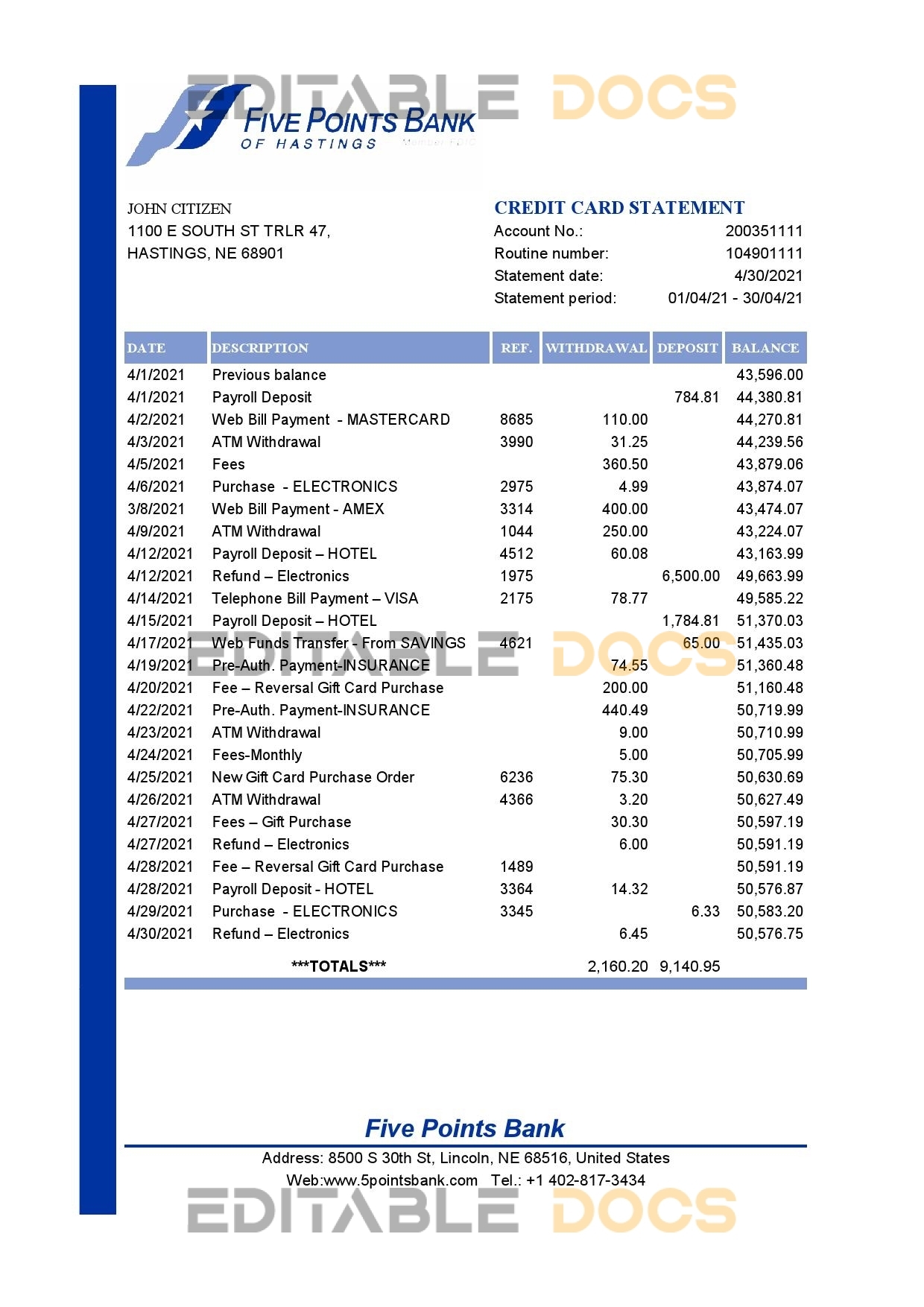 USA Nebraska Five Points Bank statement template in Excel and PDF format