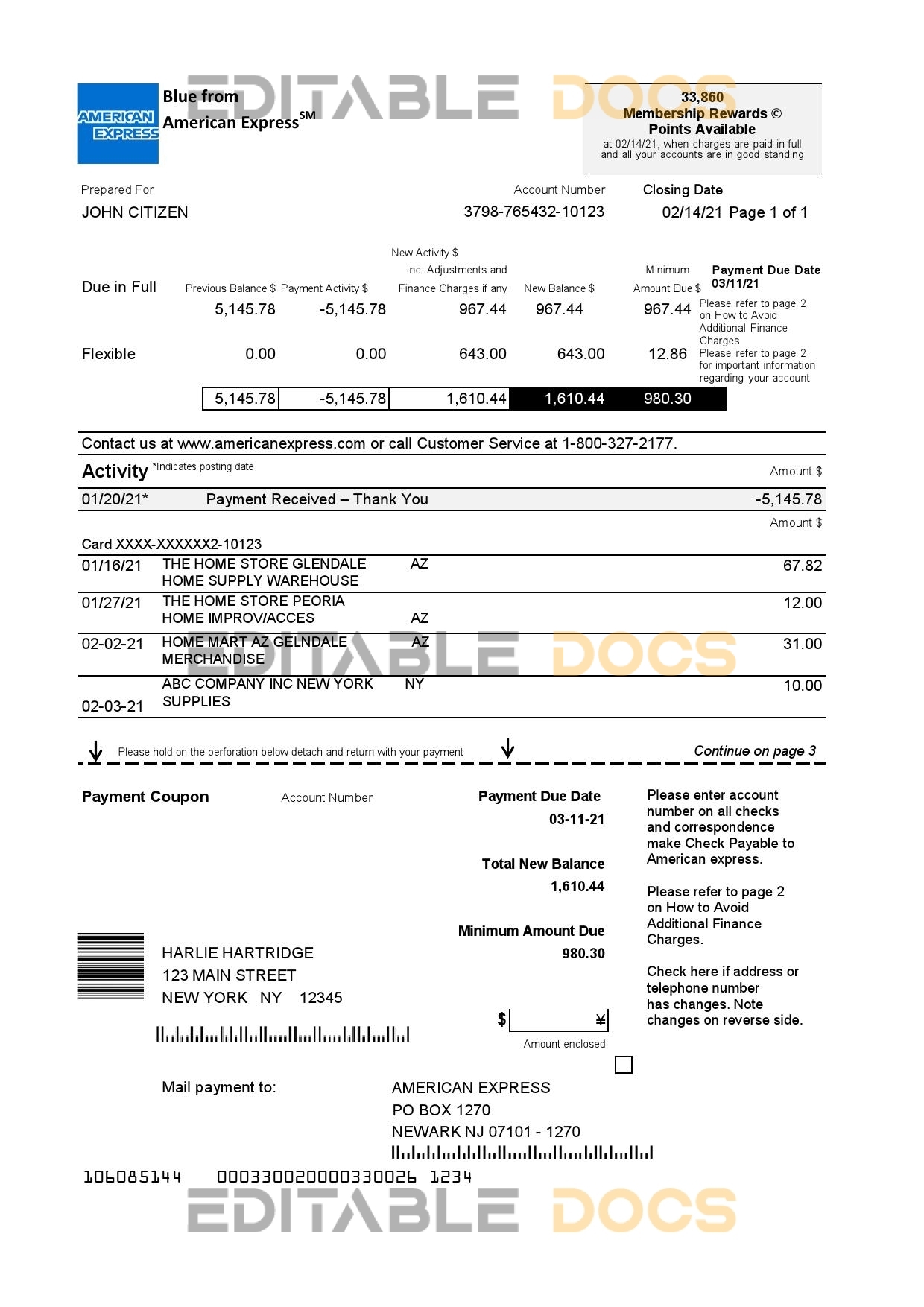 USA New York American Express Blue bank statement in Excel and PDF format