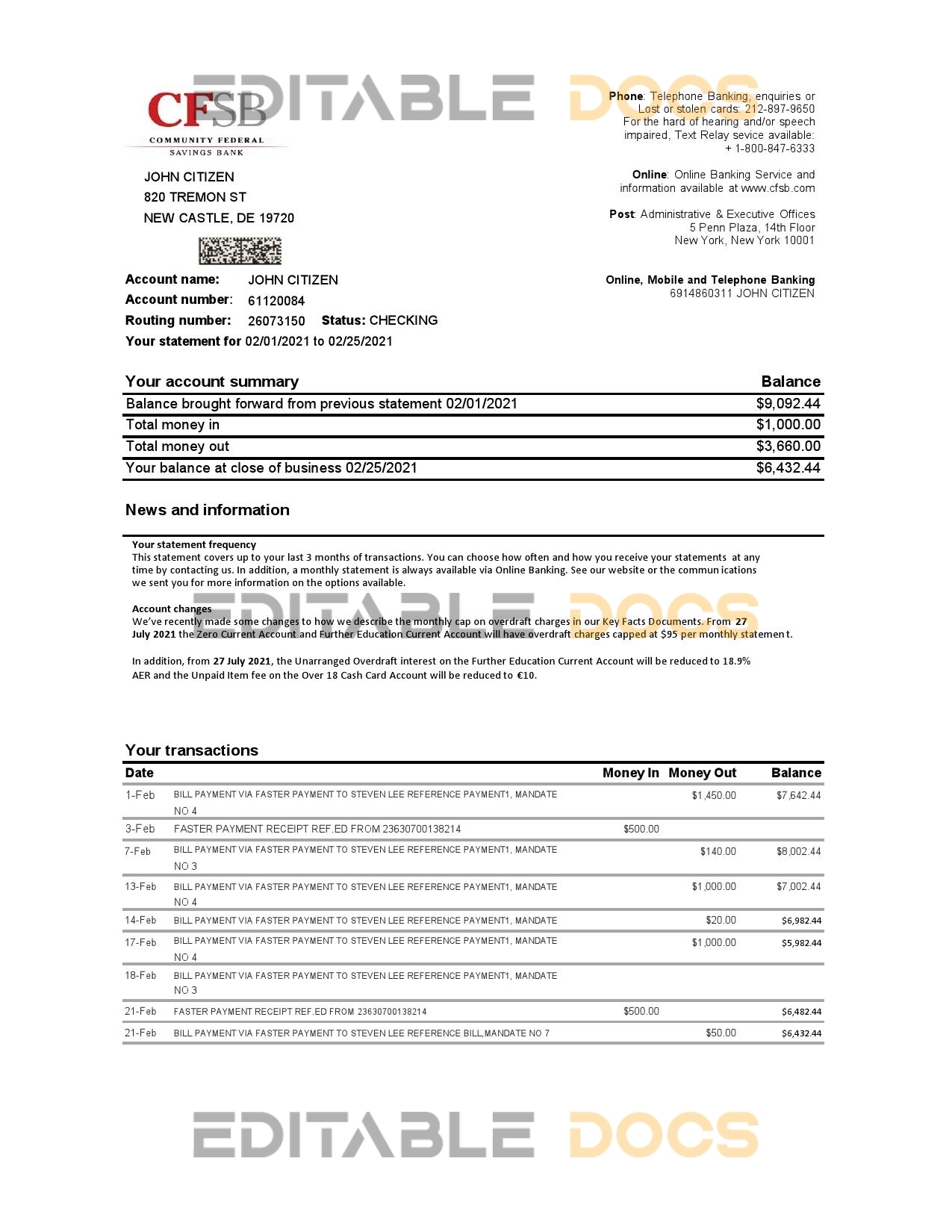 USA New York CFSB bank statement template in Excel and PDF format