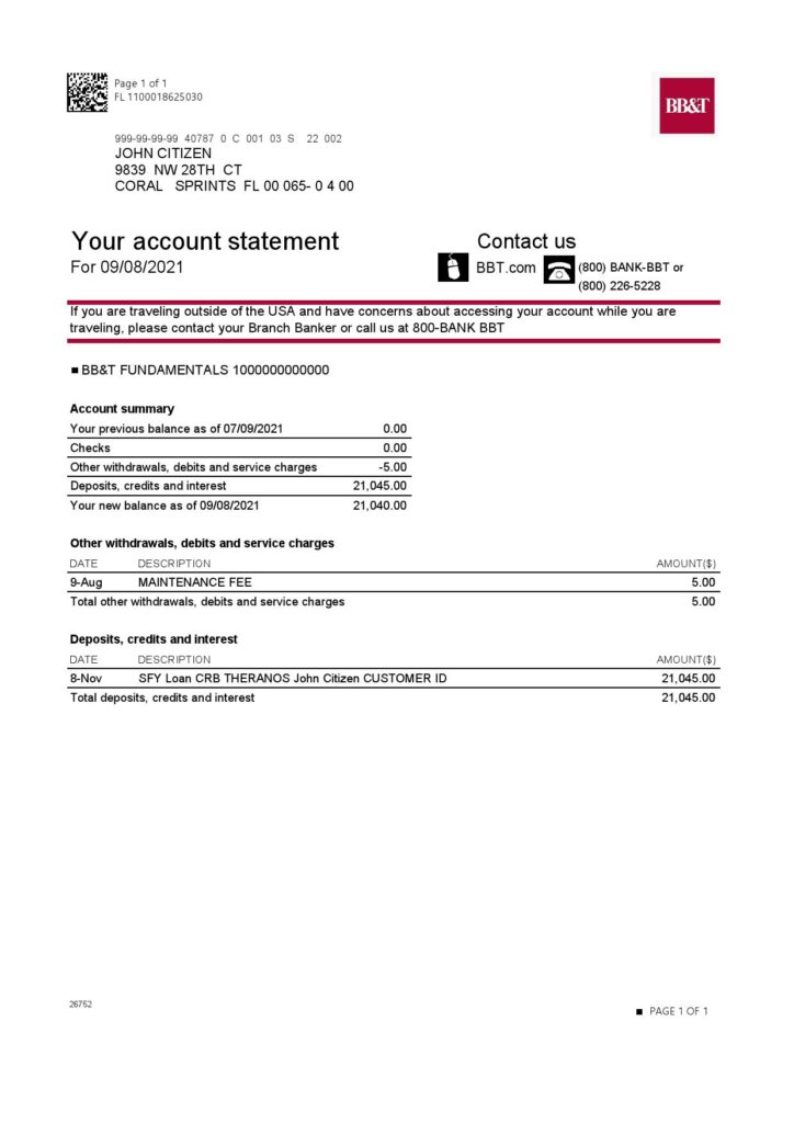 USA North Carolina BB&T Corp. bank account statement template in Excel and PDF format