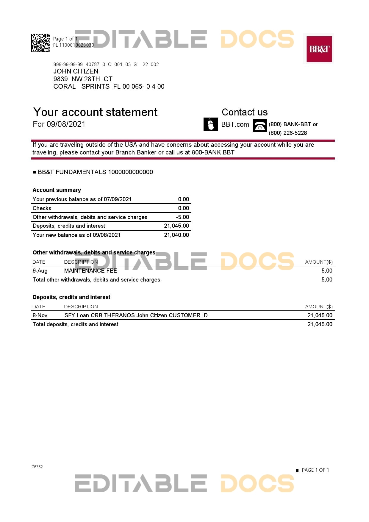 USA North Carolina BB&T Corp. bank account statement template in Excel and PDF format