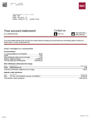 USA North Carolina BB&T Corp. bank account statement template in Word and PDF format