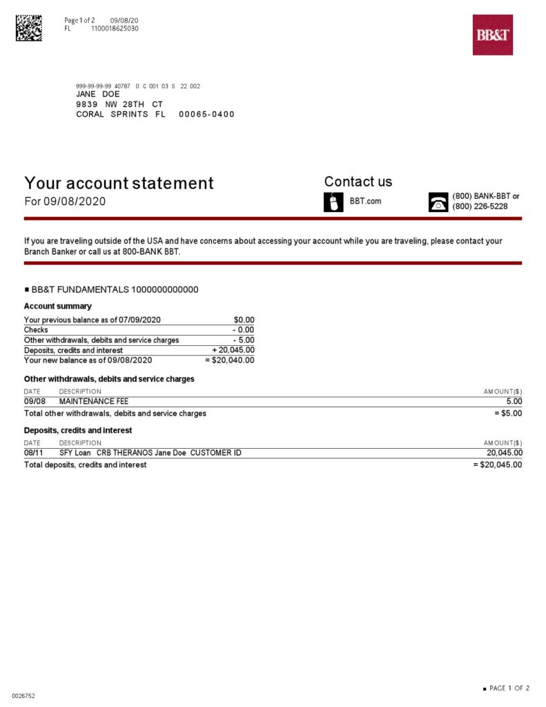 USA North Carolina BB&T Corp. bank account statement template in Word and PDF format