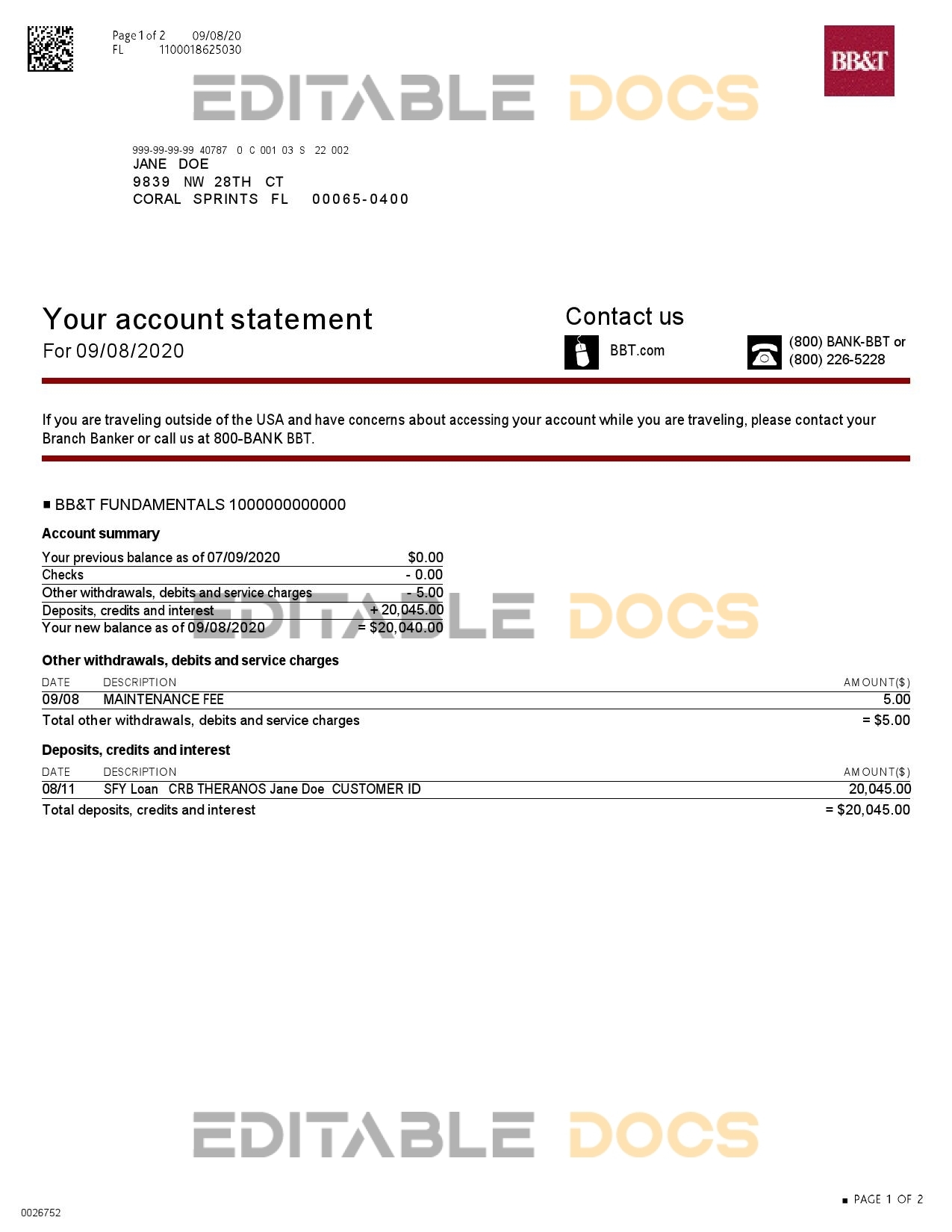 USA North Carolina BB&T Corp. bank account statement template in Word and PDF format