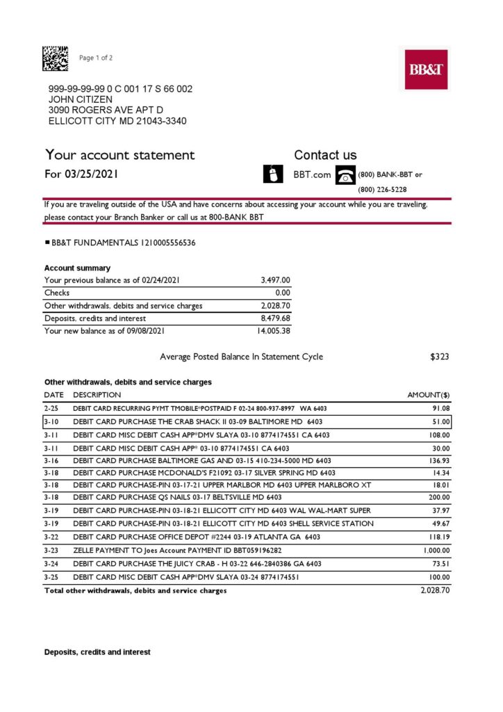 USA North Carolina BB&T Corp. bank statement template in Excel and PDF format (2 pages) 1