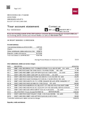 USA Editable Templates 7 USA North Carolina BB&T Corp. bank statement template in Word and PDF format (2 pages)