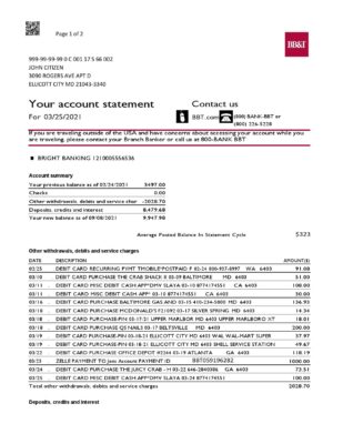 USA North Carolina BB&T Corp. bank statement template in Word and PDF format (2 pages)