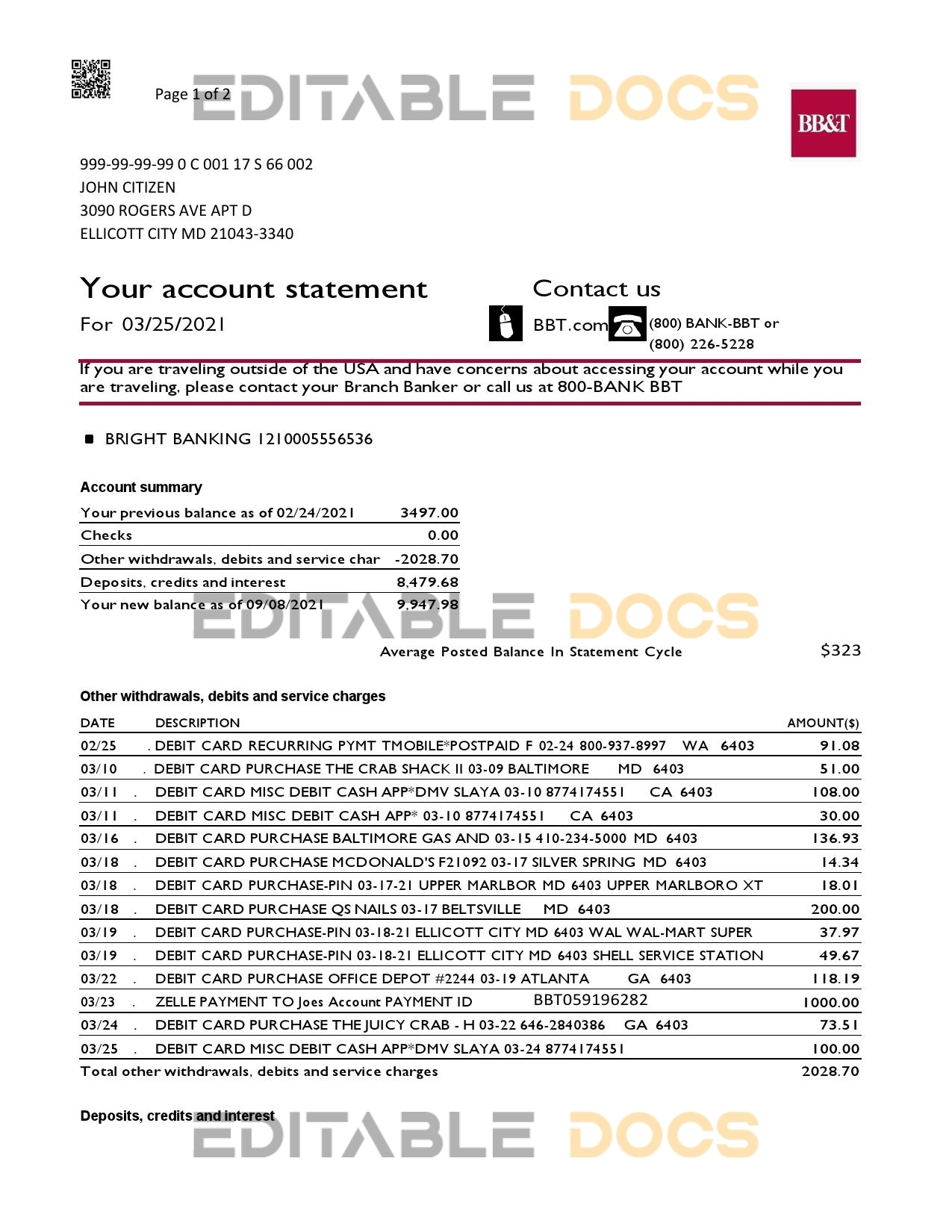 USA North Carolina BB&T Corp. bank statement template in Word and PDF format (2 pages)