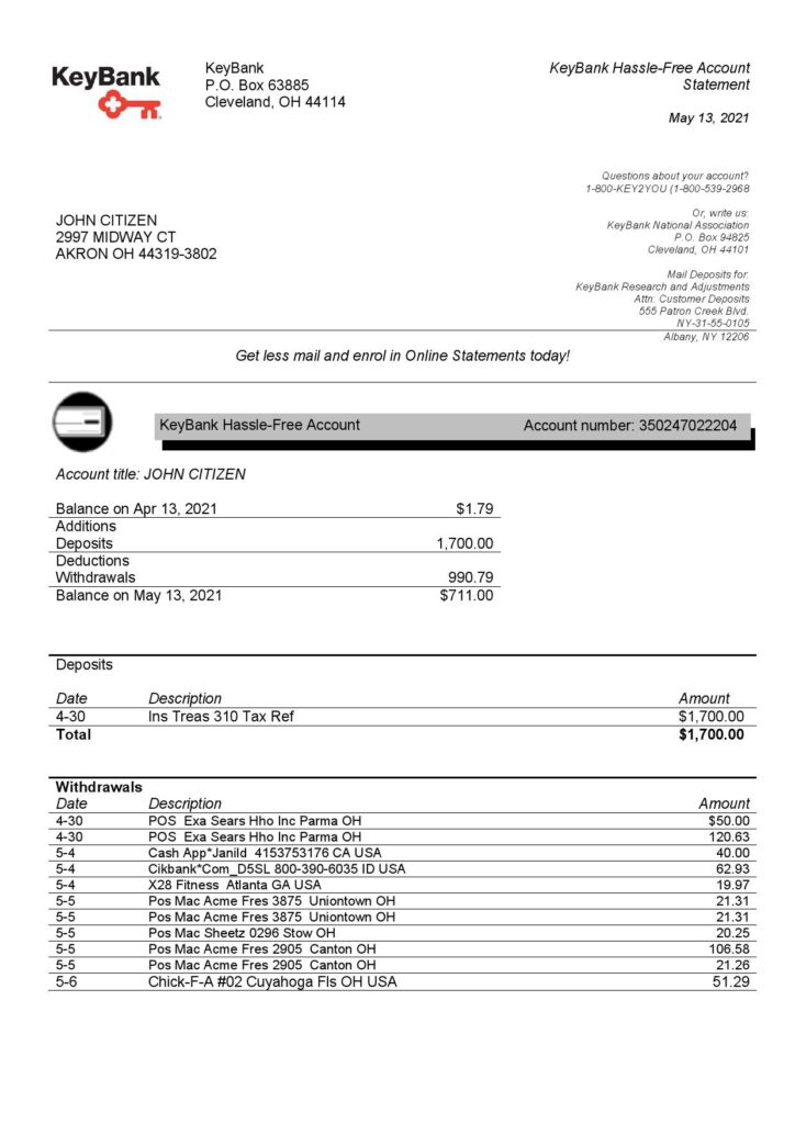 USA Ohio KeyBank bank statement template in Word and PDF format