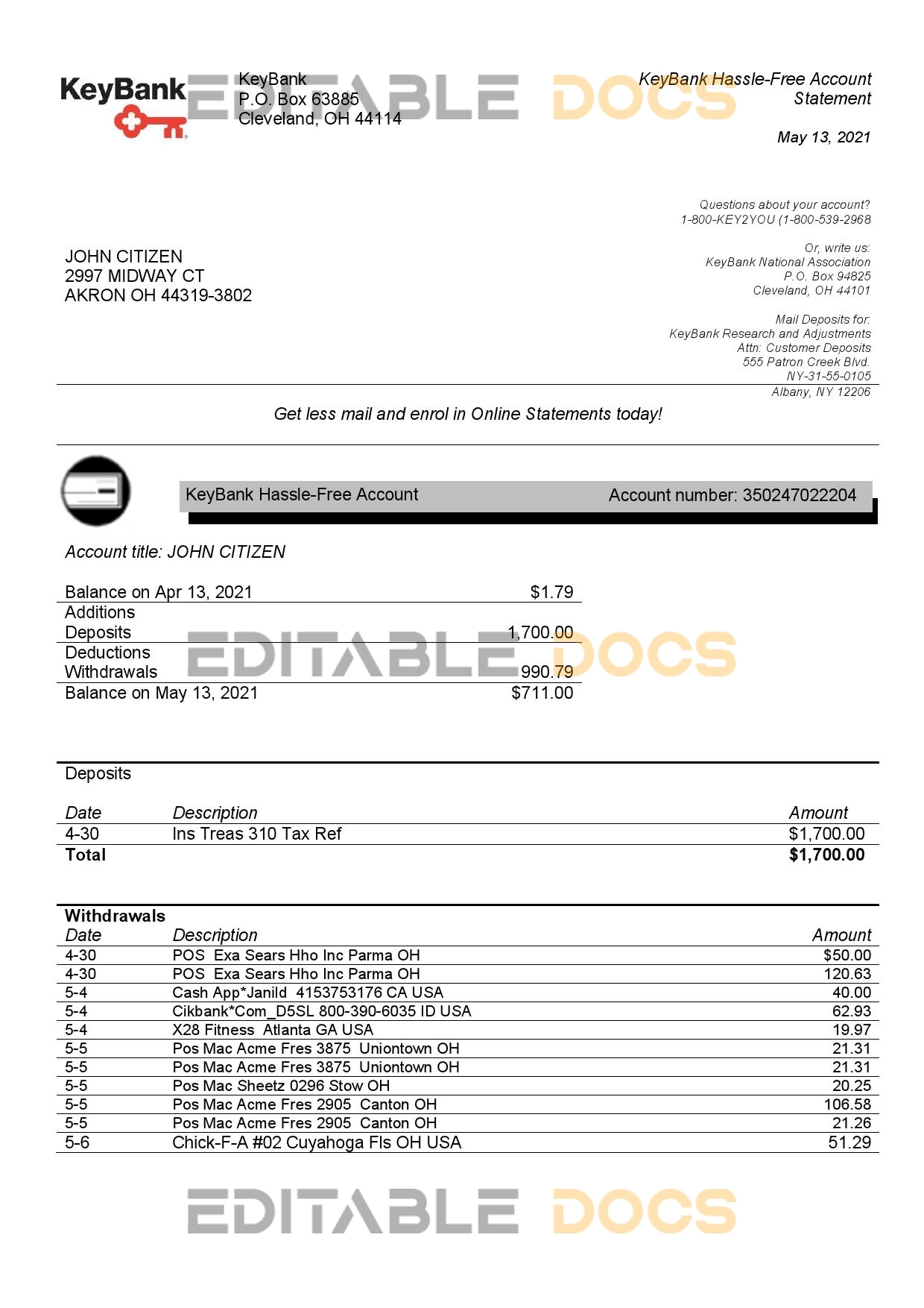 USA Ohio KeyBank bank statement template in Word and PDF format