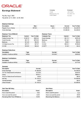 USA Oracle software company pay stub Word and PDF template
