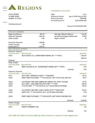 USA Regions bank proof of address statement template in Word and PDF format
