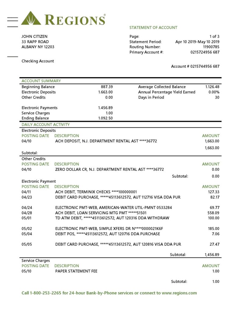USA Regions bank proof of address statement template in Word and PDF format