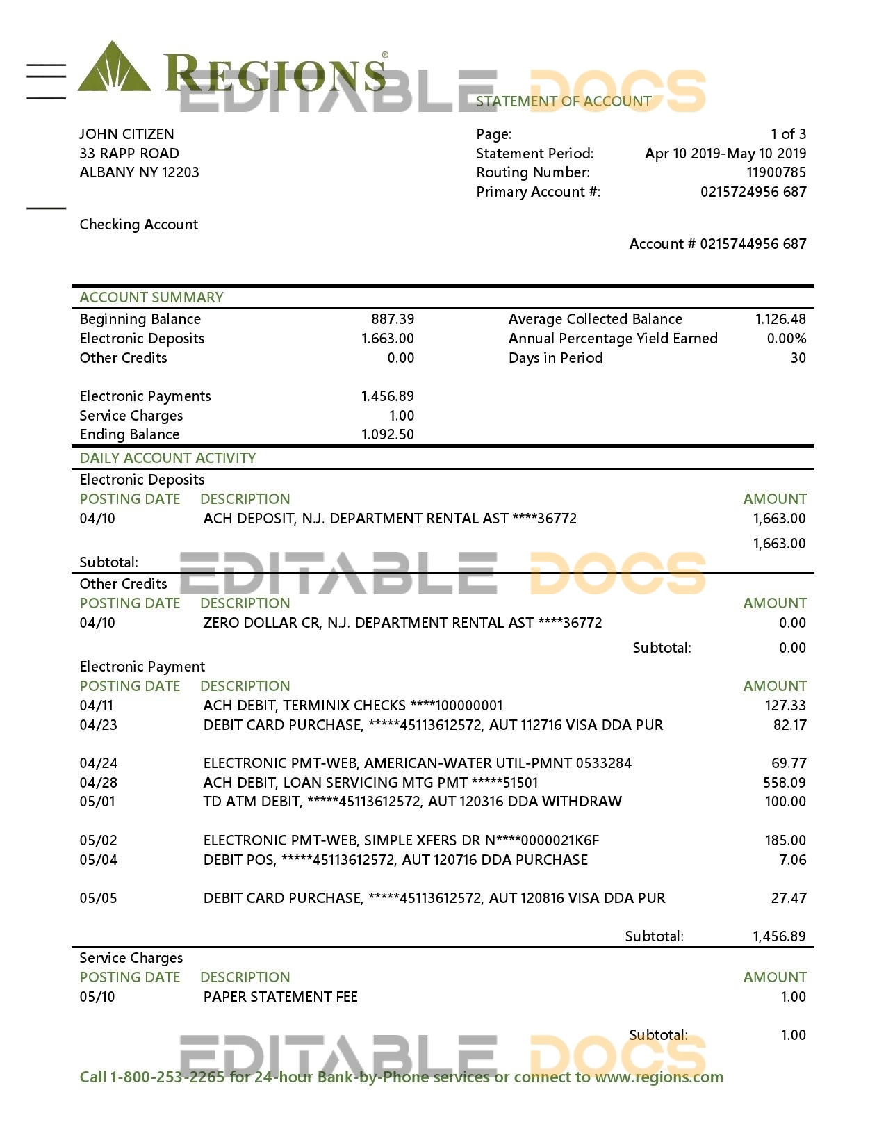 USA Regions bank proof of address statement template in Word and PDF format
