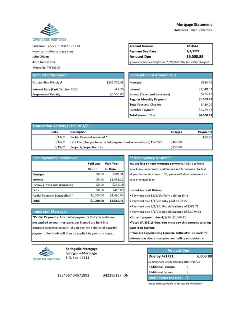 USA Springside Mortgage bank statement template in Excel and PDF format